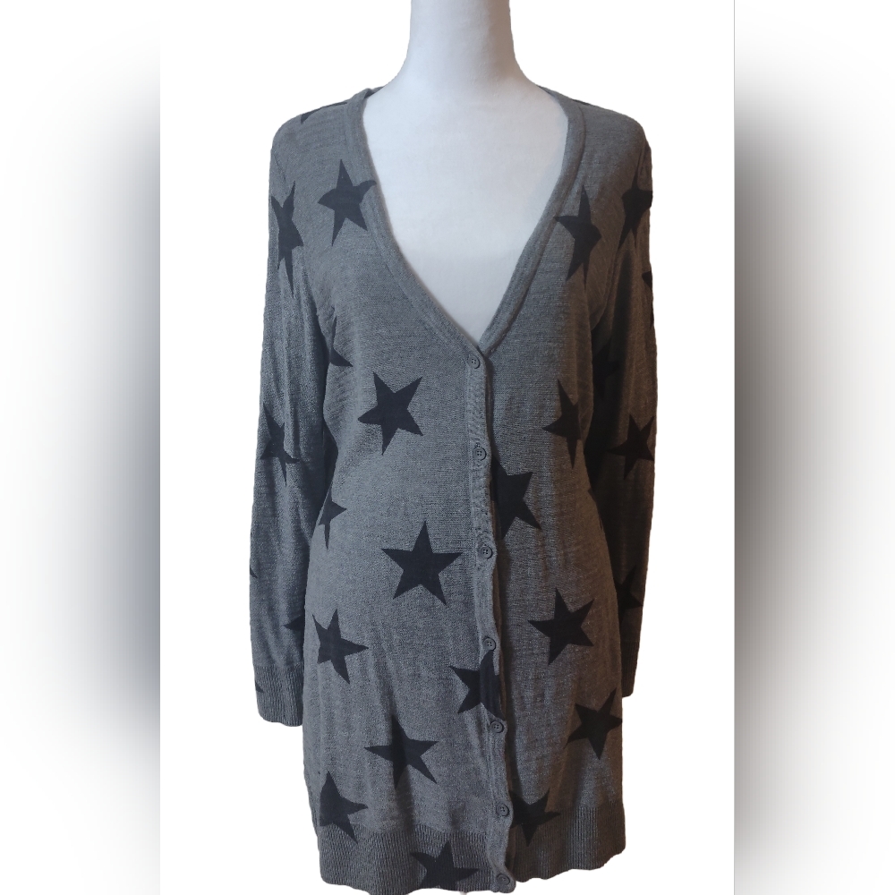Grey & Black Star Textured Slub Cardigan